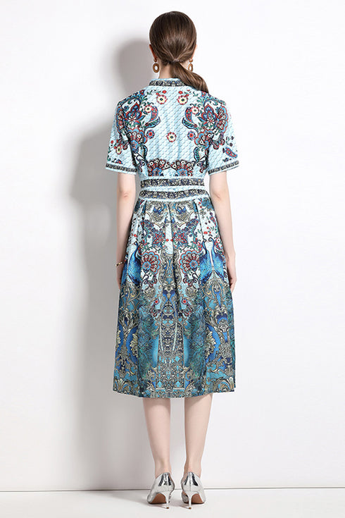 Vivid Fall Peacock Print A-Line, Collared, Belted, Short Sleeve Blue Shirt Vestidos Dress